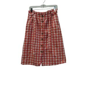 GB Coral and white Check button front tie paper‎ bag waist skirt